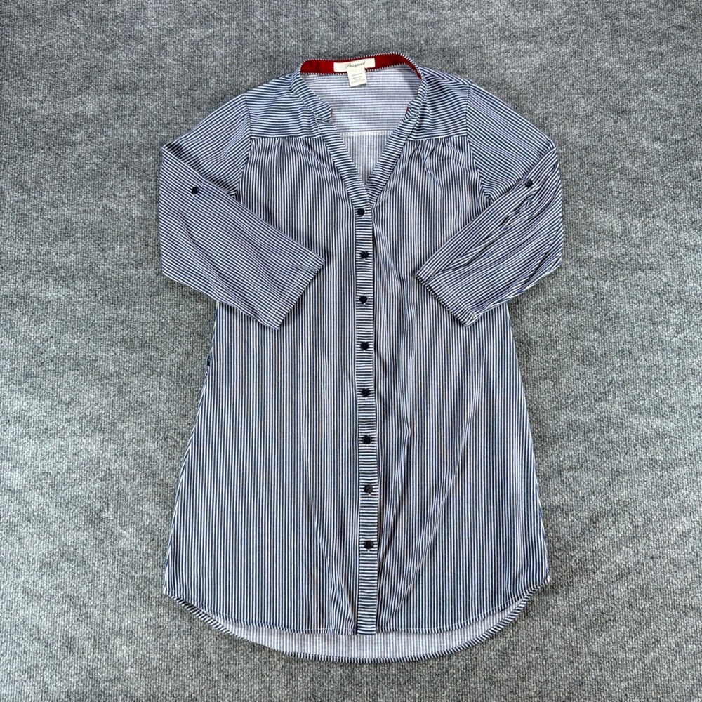 Passport Womens Navy Blue White Striped Button Front Tunic Top Size L 3/4 Sleeve